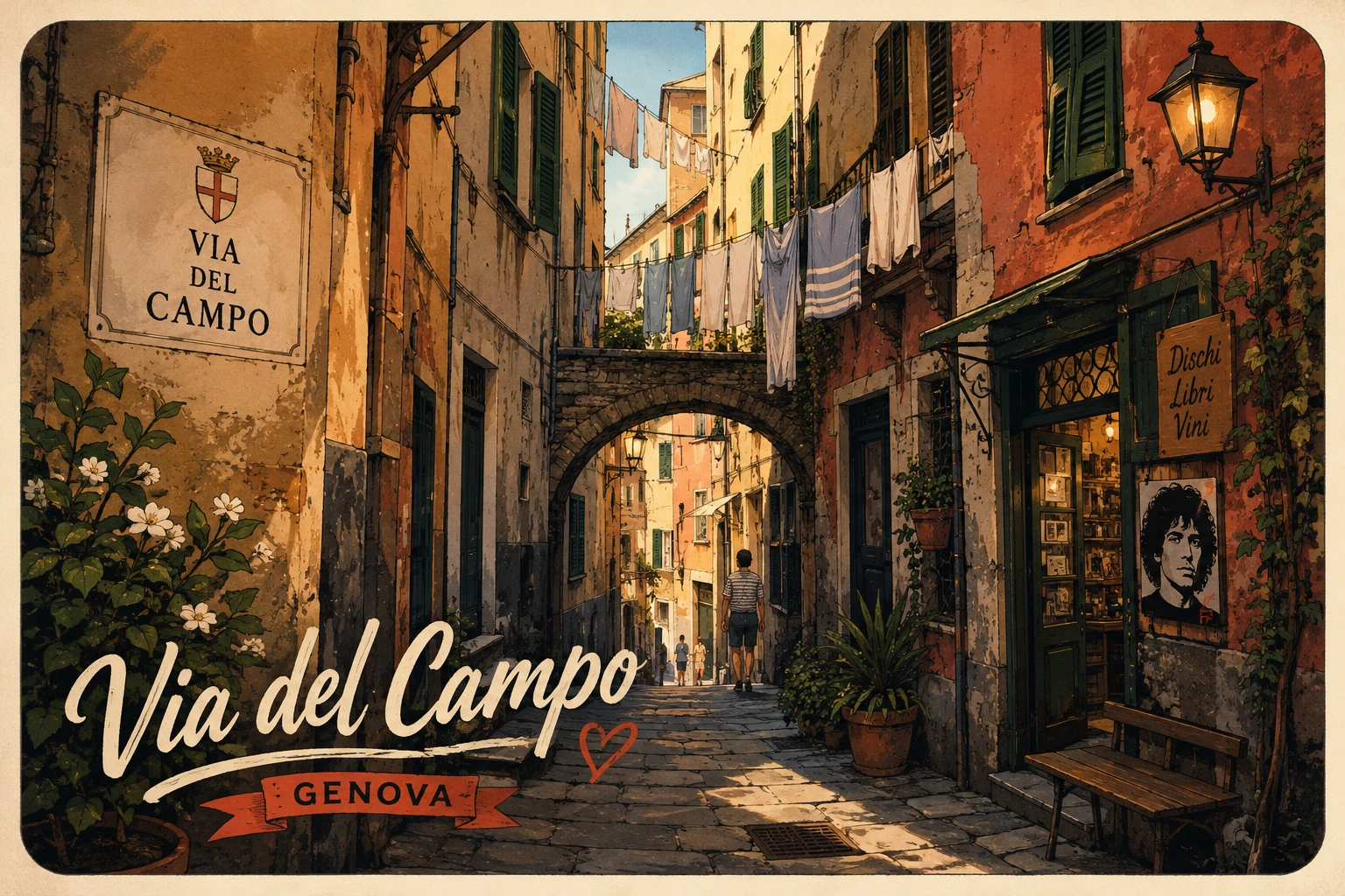 Via del Campo in Genoa with narrow historic street, shops, cafes, pedestrians, and warm facades