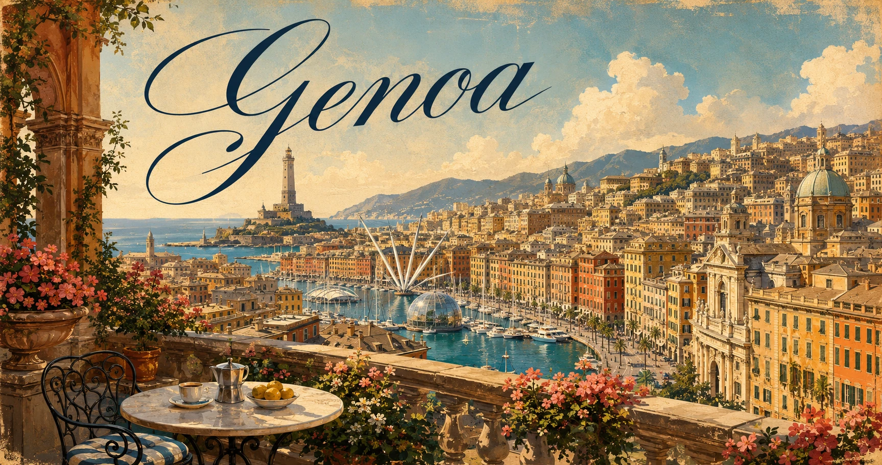 Genoa skyline and historic harbor with colorful buildings, boats, hills, and the Ligurian Sea