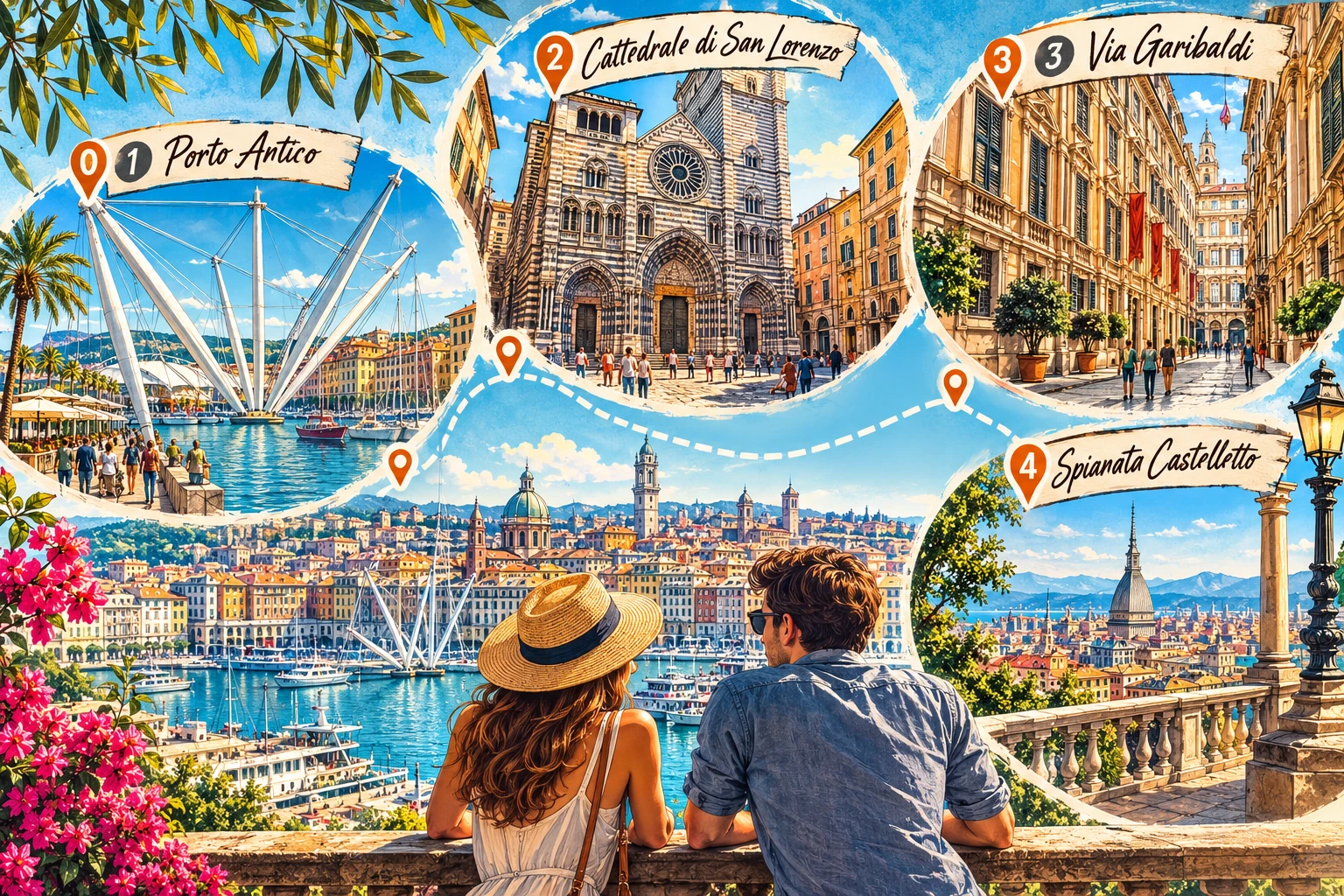 Panoramic Genoa cityscape with historic rooftops, churches, old harbor, and Mediterranean sea