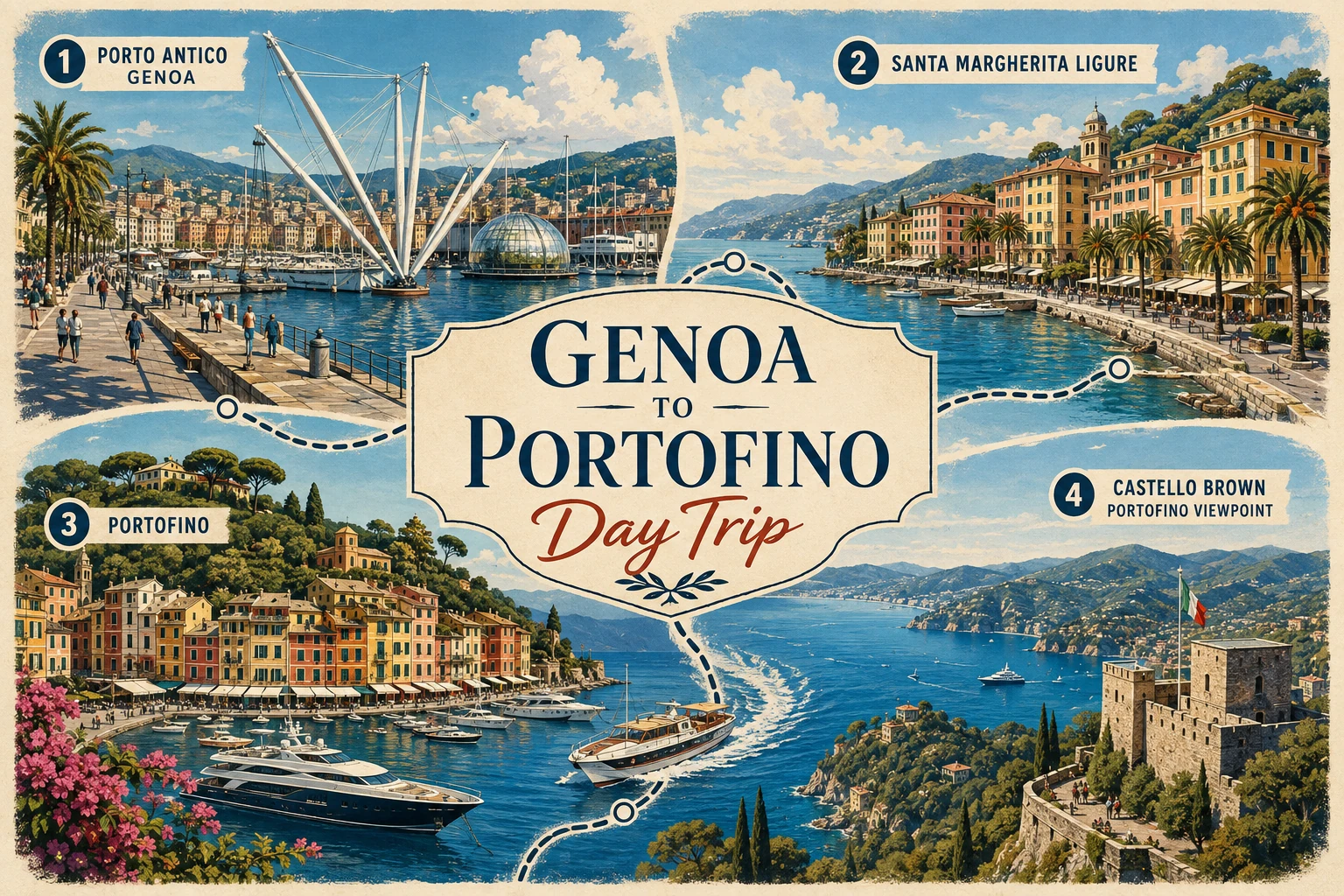 Portofino harbor with colorful waterfront houses, boats, green hills, and Ligurian coastline