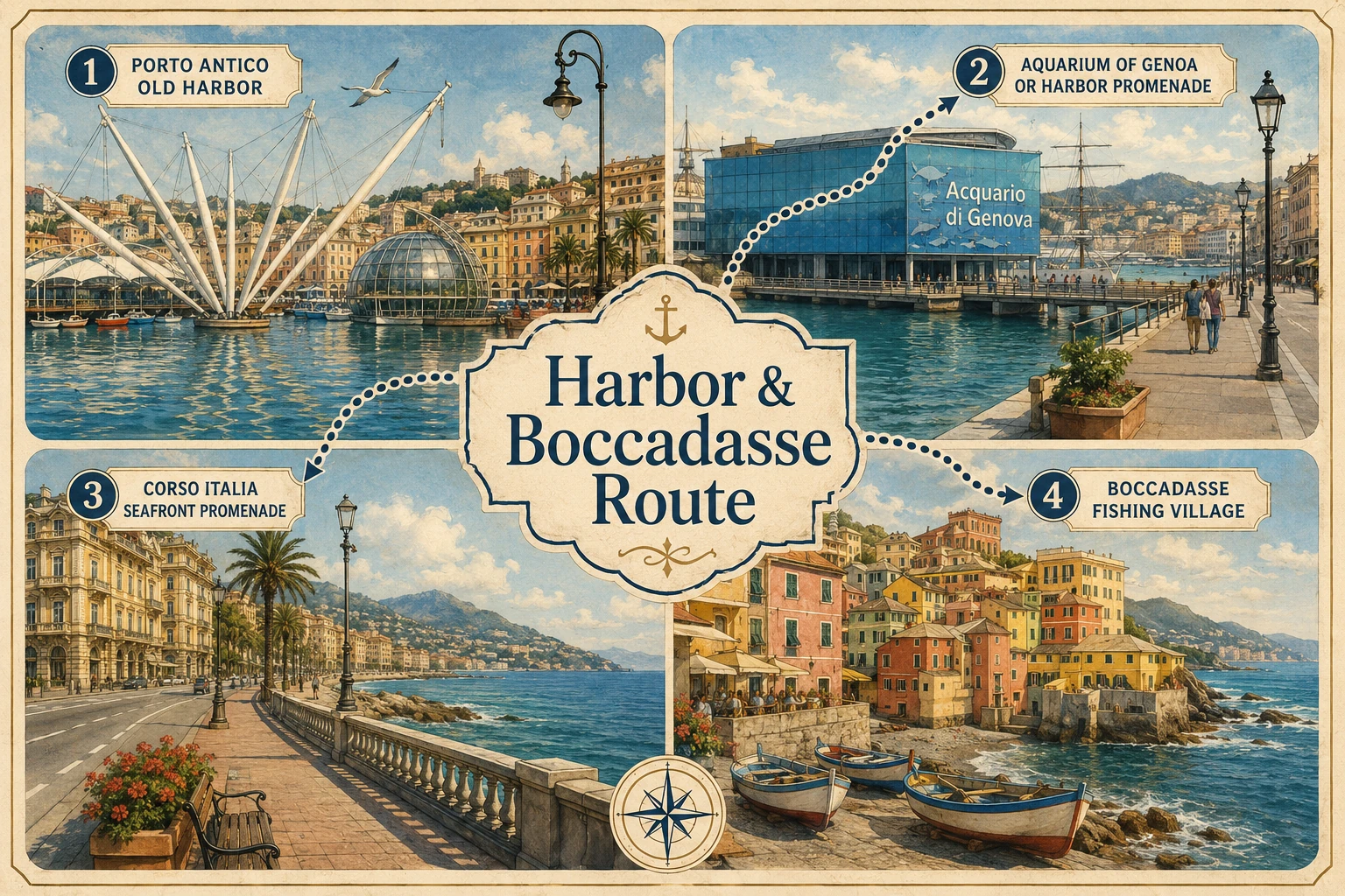 Genoa harbor and Boccadasse coastline with colorful houses, fishing boats, beach, and cafes