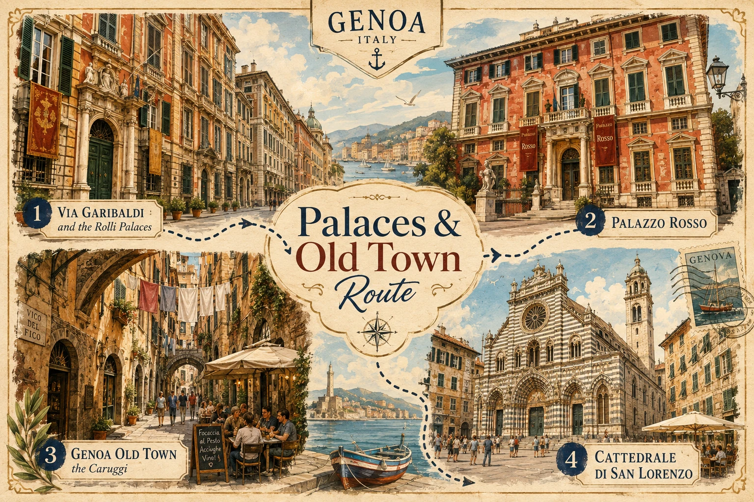 Historic Genoa old-town street with ornate palaces, stone stairs, narrow lanes, and church tower