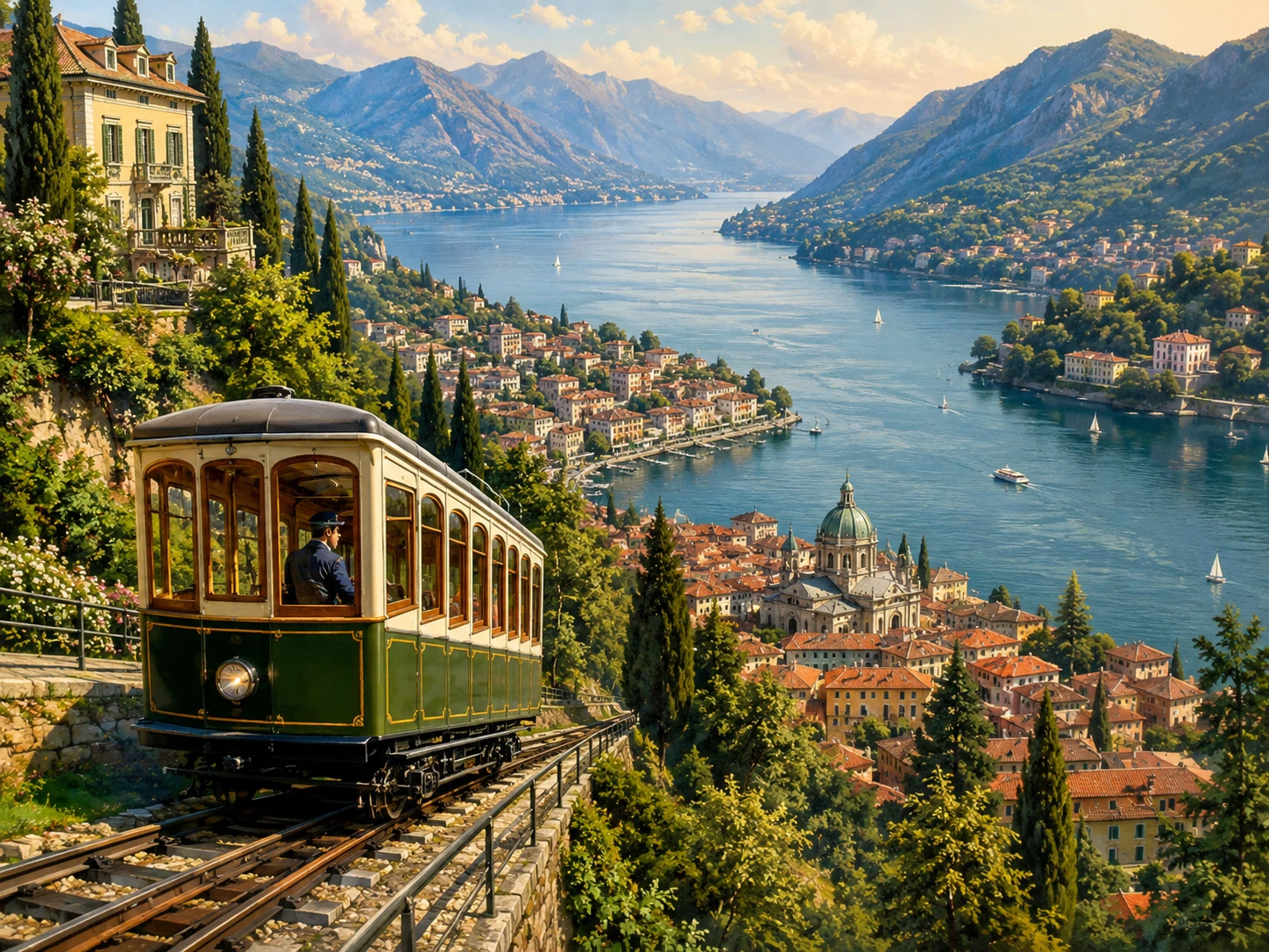 Historic funicular above Como with panoramic lake views