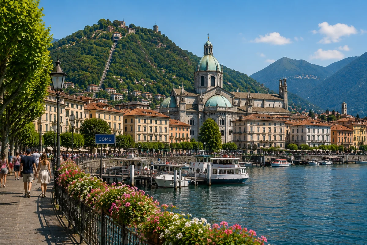 Illustration of Como town and its cathedral near the lake