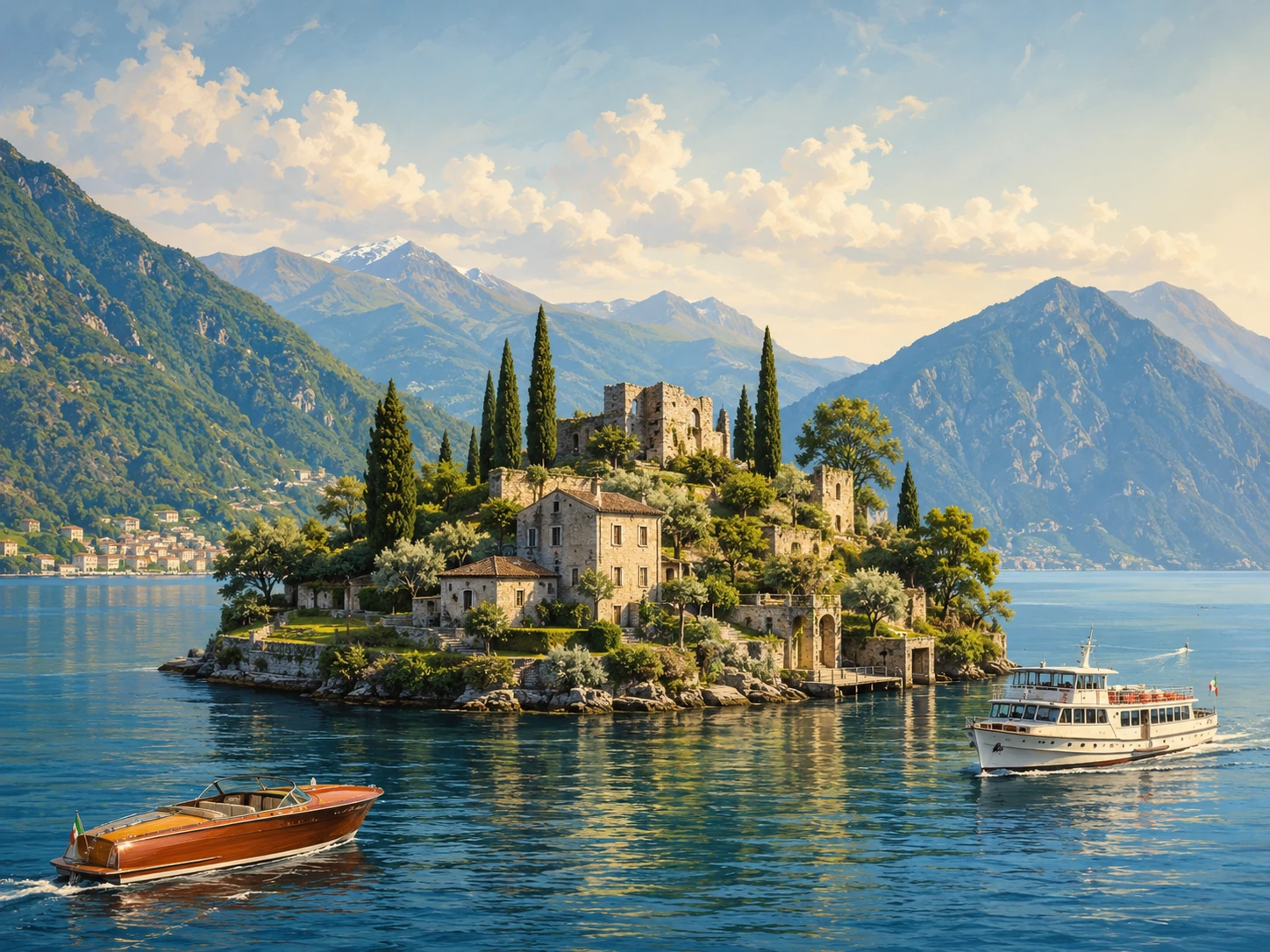 Isola Comacina surrounded by Lake Como and mountains