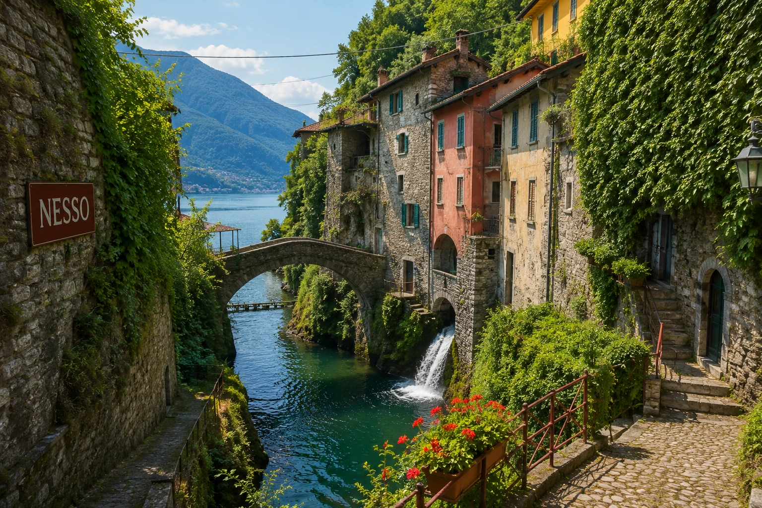 Stone bridge and waterfall in the village of Nesso