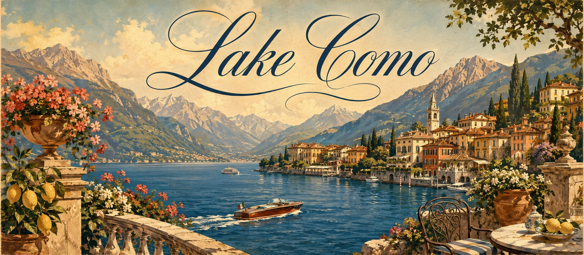 Illustrated panorama of Lake Como with villages, villas, mountains, and boats