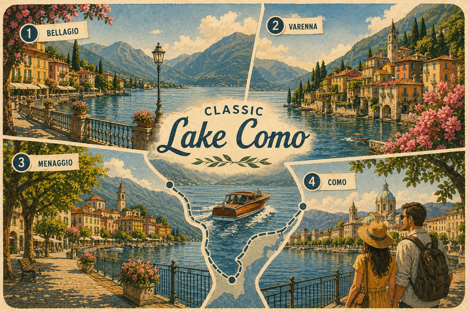 Bellagio, Varenna, and Menaggio connected across Lake Como