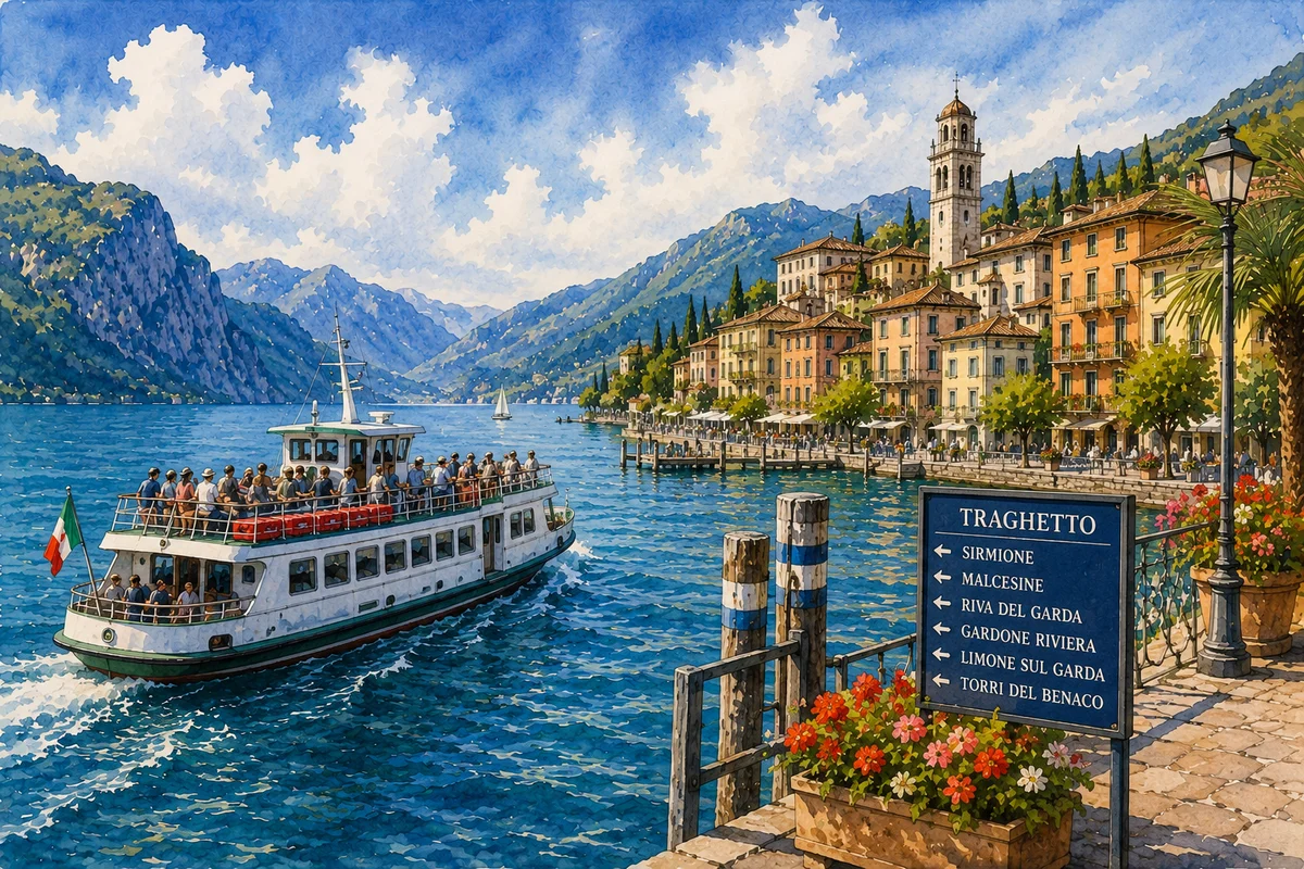 Illustration of a ferry traveling between Lake Garda villages