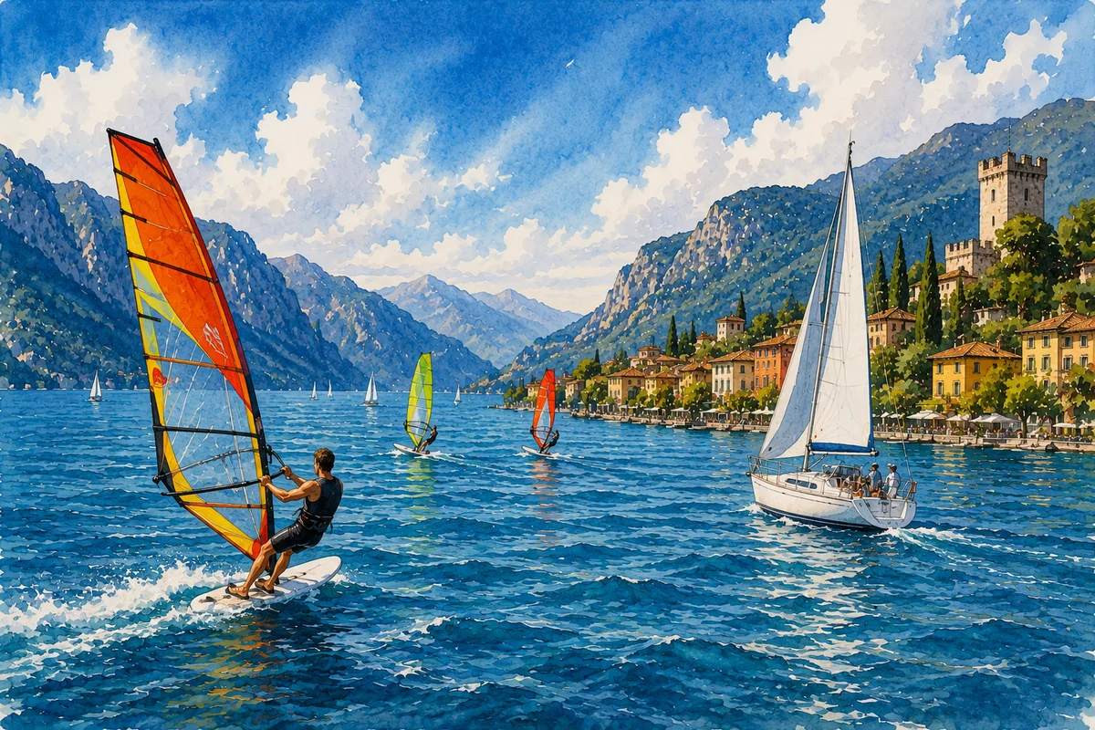 Illustration of windsurfing on northern Lake Garda