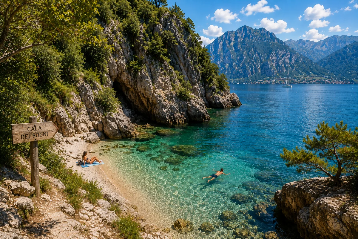 Illustration of a secluded swimming cove on Lake Garda