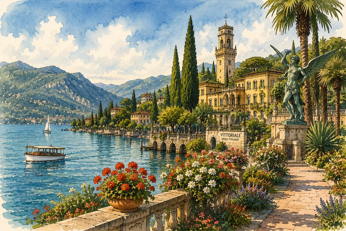 Illustration of the Vittoriale gardens in Gardone Riviera