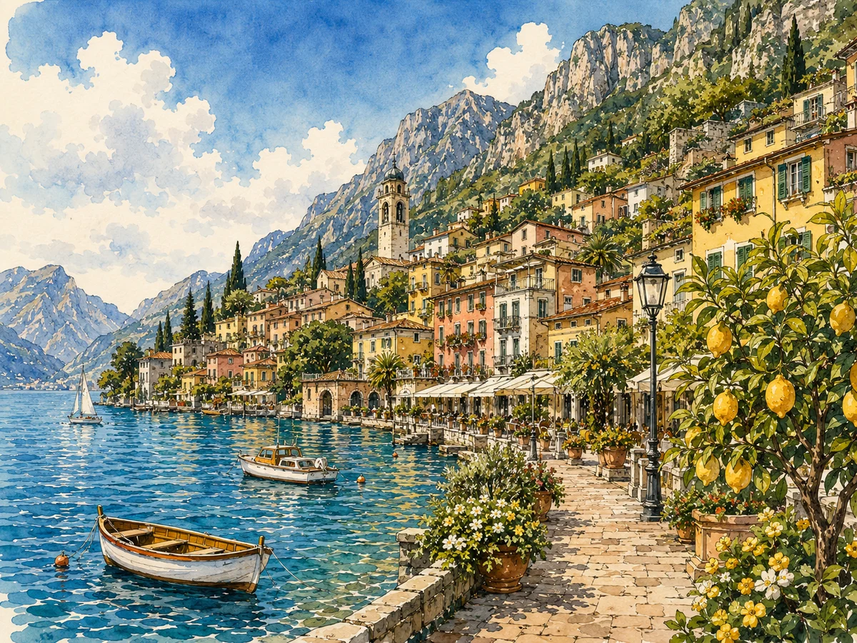 Illustration of Limone sul Garda with lemon trees and its harbor