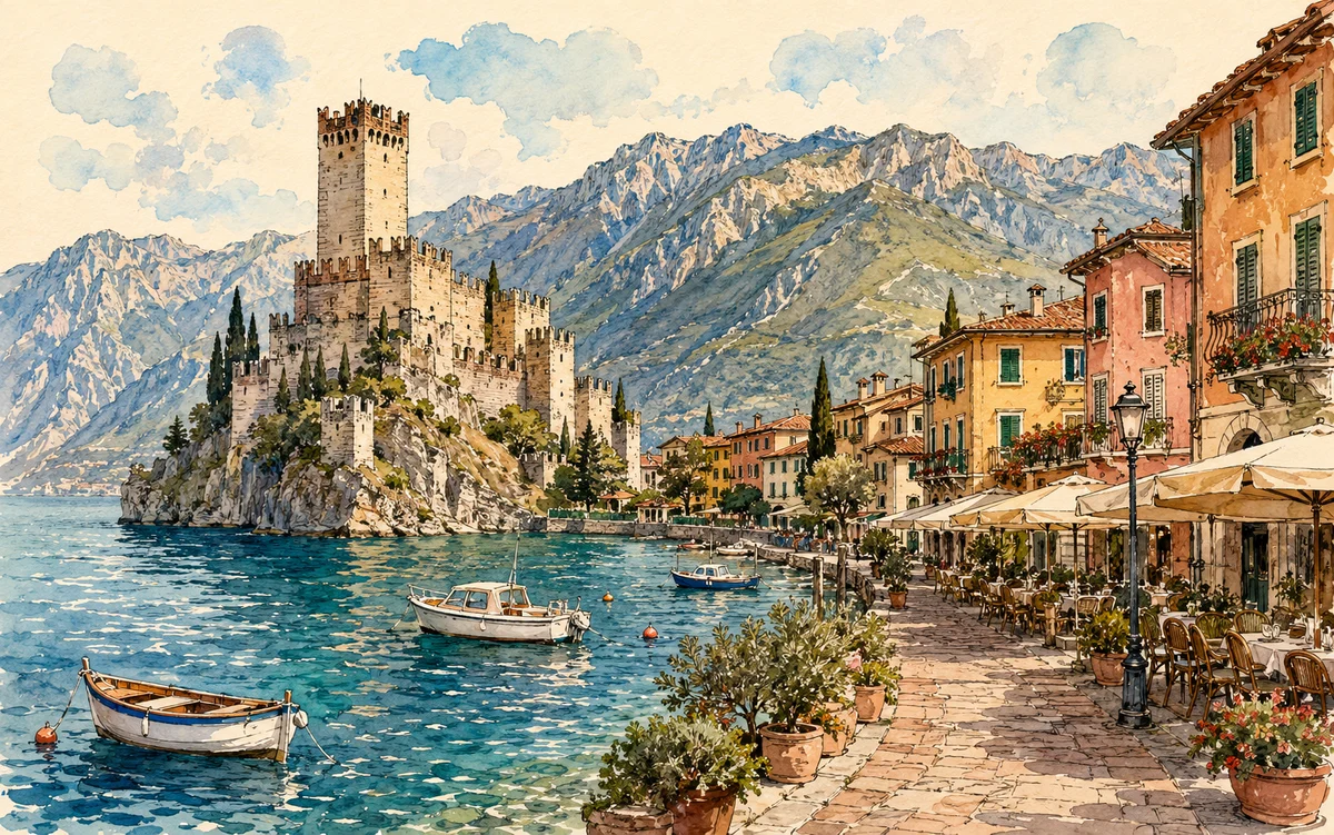 Illustration of Malcesine beneath Monte Baldo