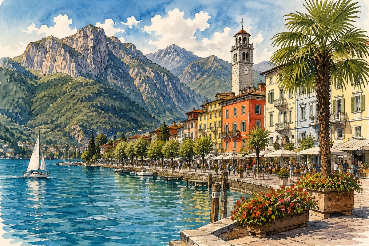 Illustration of Riva del Garda and its mountain-framed harbor
