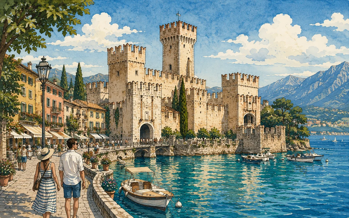 Illustration of Sirmione and Scaligero Castle on Lake Garda