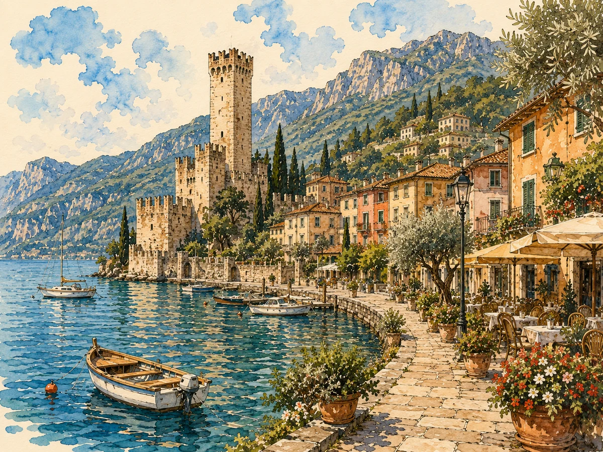 Illustration of Torri del Benaco and its lakeside castle