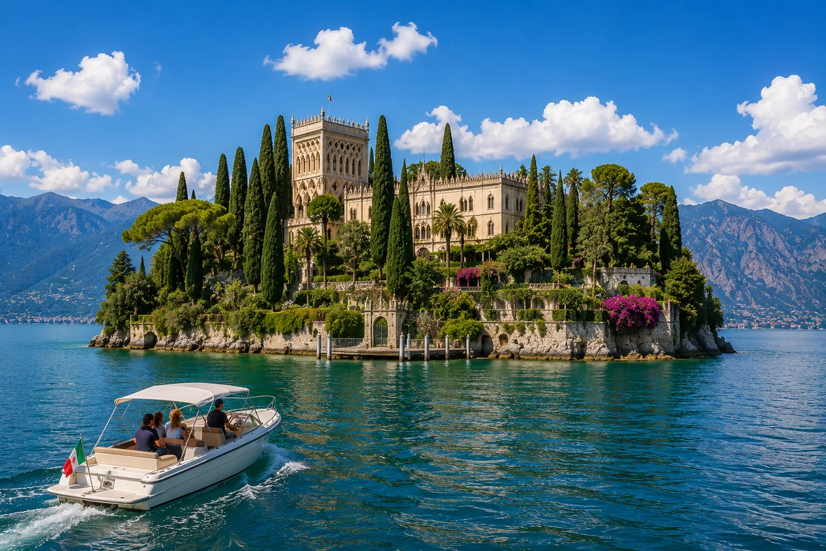 Illustration of the villa and gardens on Isola del Garda