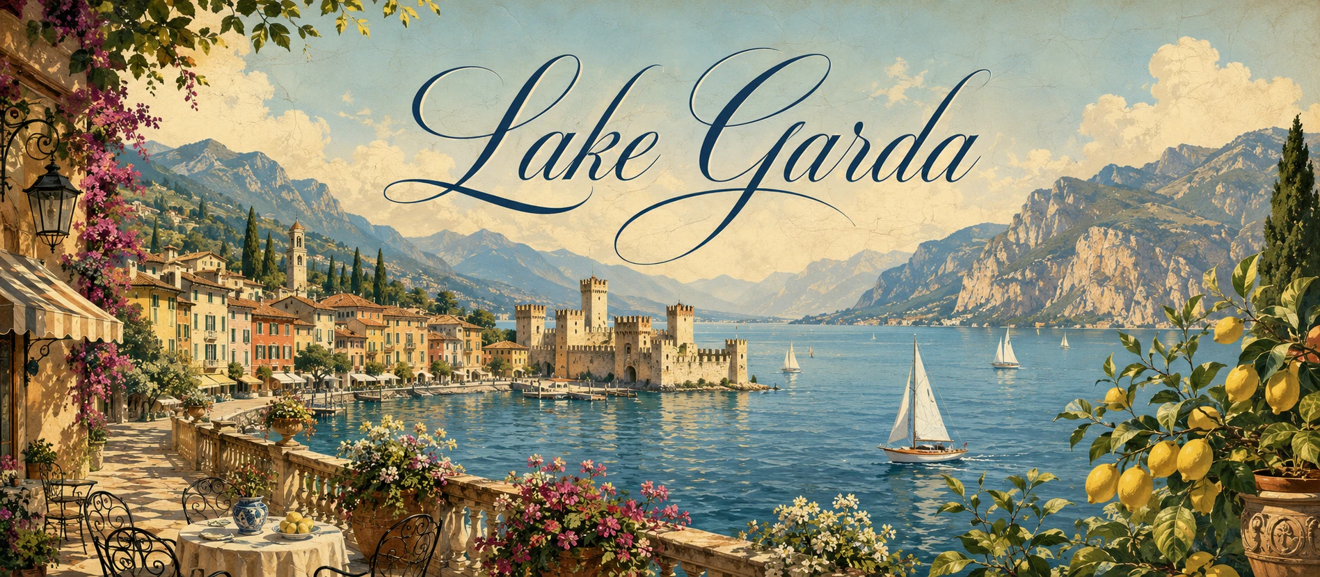 Illustrated panorama of Lake Garda with mountains, waterfront villages, and boats