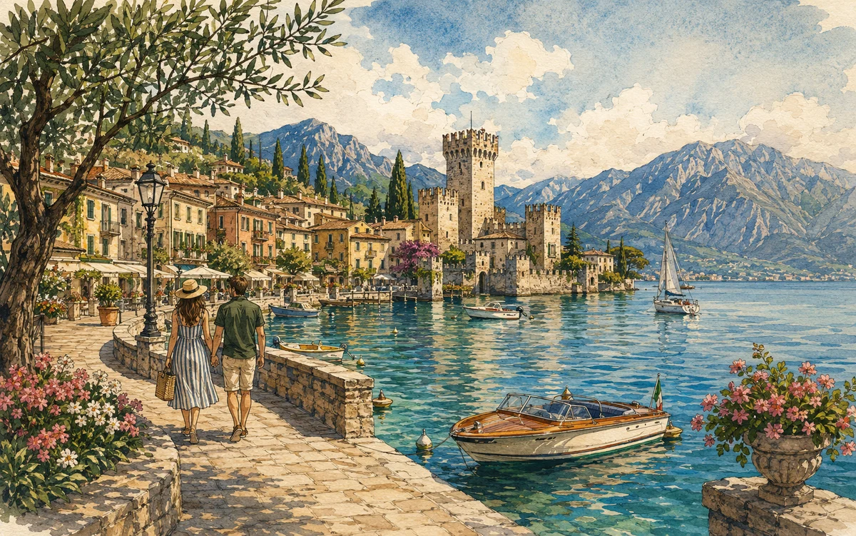 Illustration of a southern Lake Garda route through Sirmione, Desenzano, and Peschiera