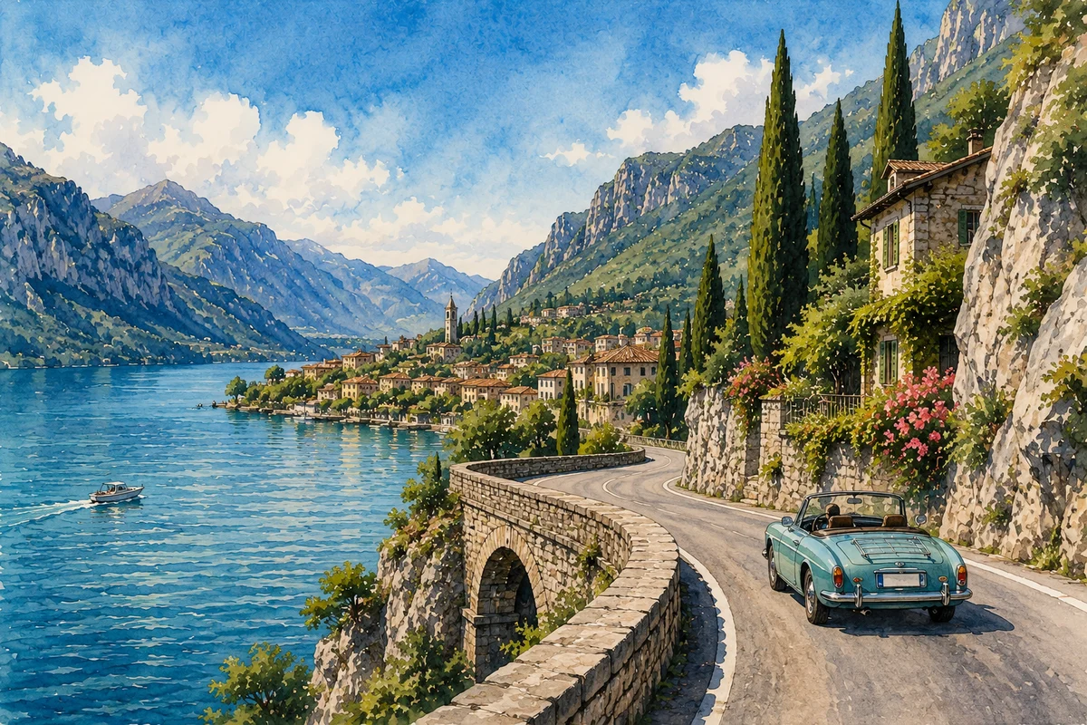 Illustration of a scenic drive along Lake Garda's western shore