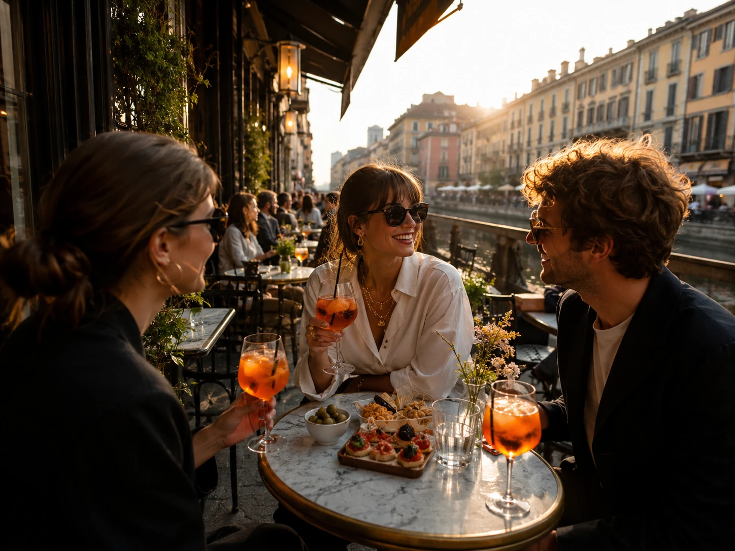 Friends enjoying Aperitivo beside the Navigli canal at sunset