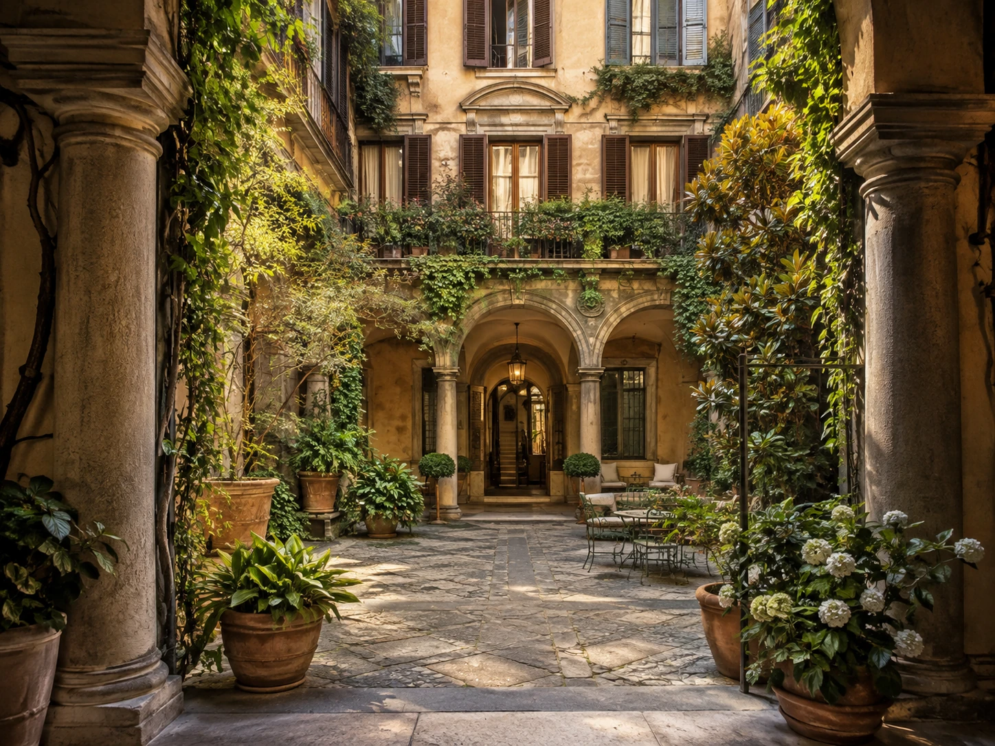 Historic Milan courtyard with arches, columns and lush plants