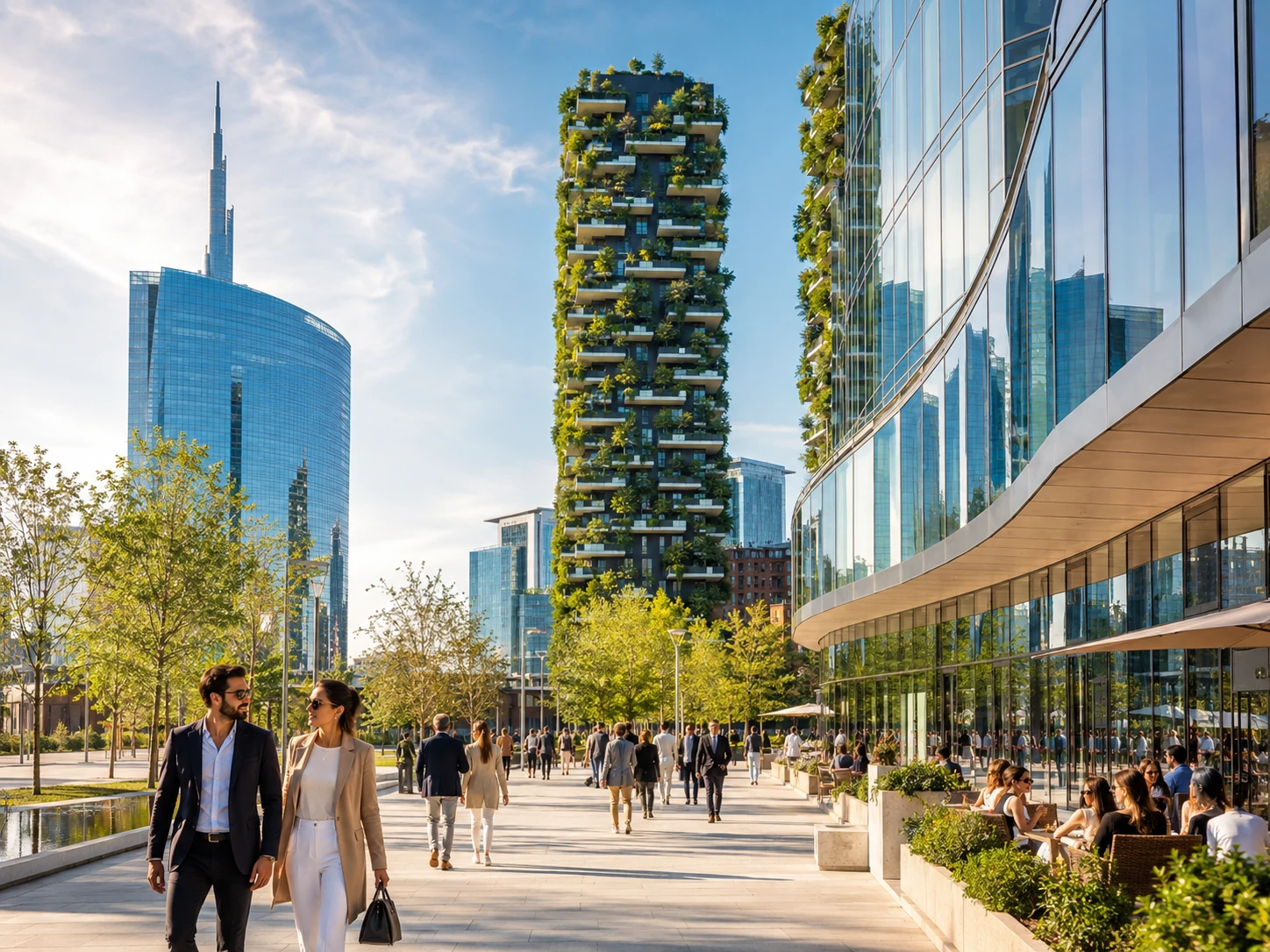 Modern Milan promenade with Bosco Verticale and glass towers