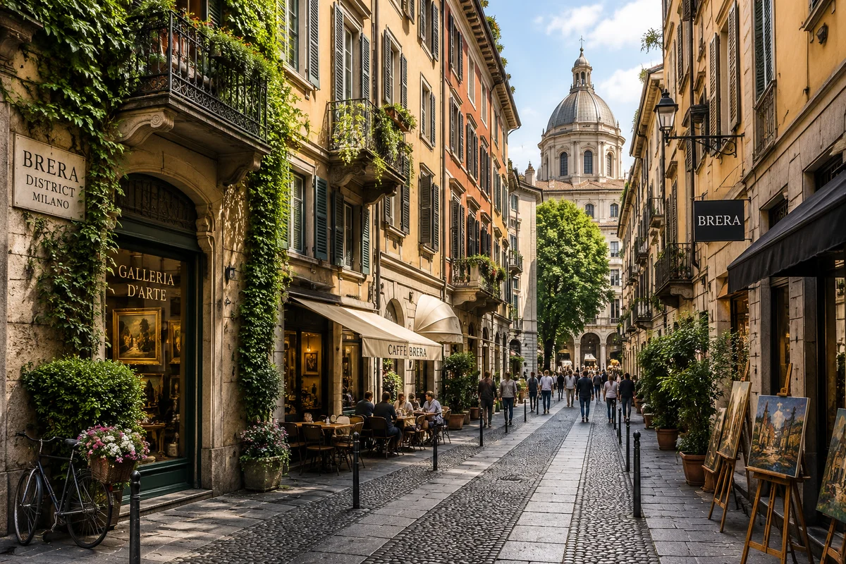 Illustration of Brera District with galleries, cafes, and elegant Milan streets