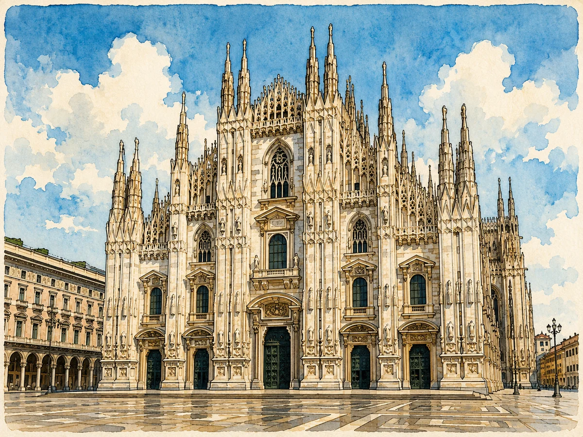 Illustration of Milan Cathedral with gothic spires and the Duomo square