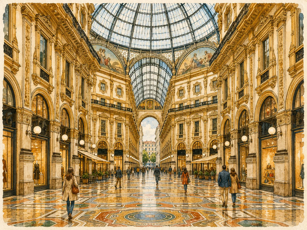Illustration of Galleria Vittorio Emanuele II with glass roof and elegant arcades