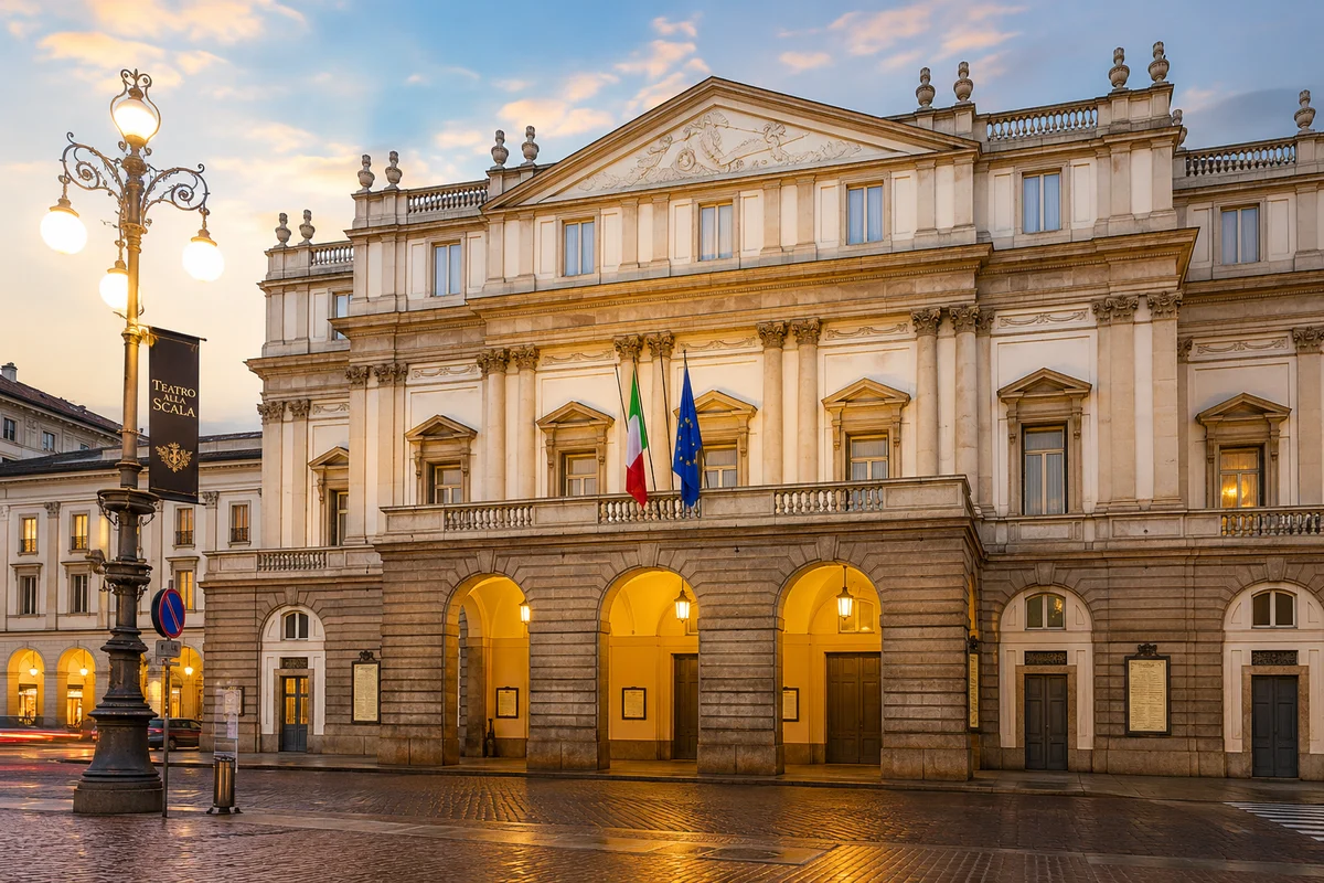 Illustration of La Scala Theatre in Milan at golden hour