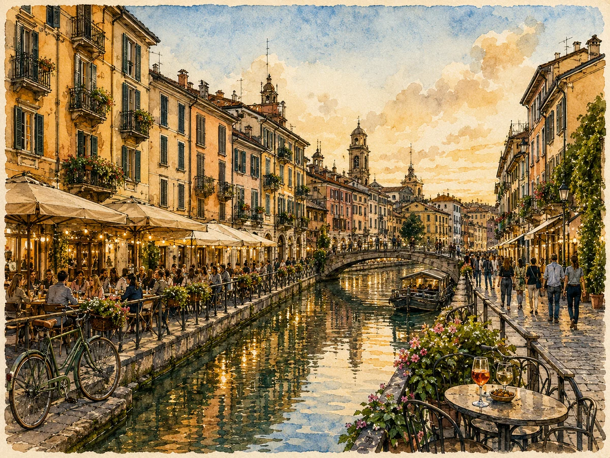 Illustration of Navigli District with canal, cafes, and evening aperitivo atmosphere