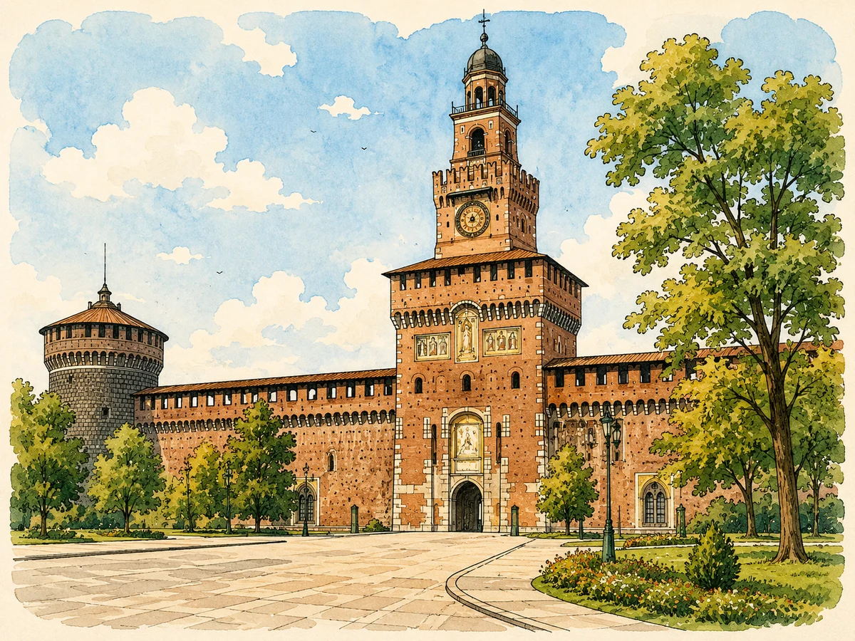 Illustration of Sforza Castle with red brick towers and gardens