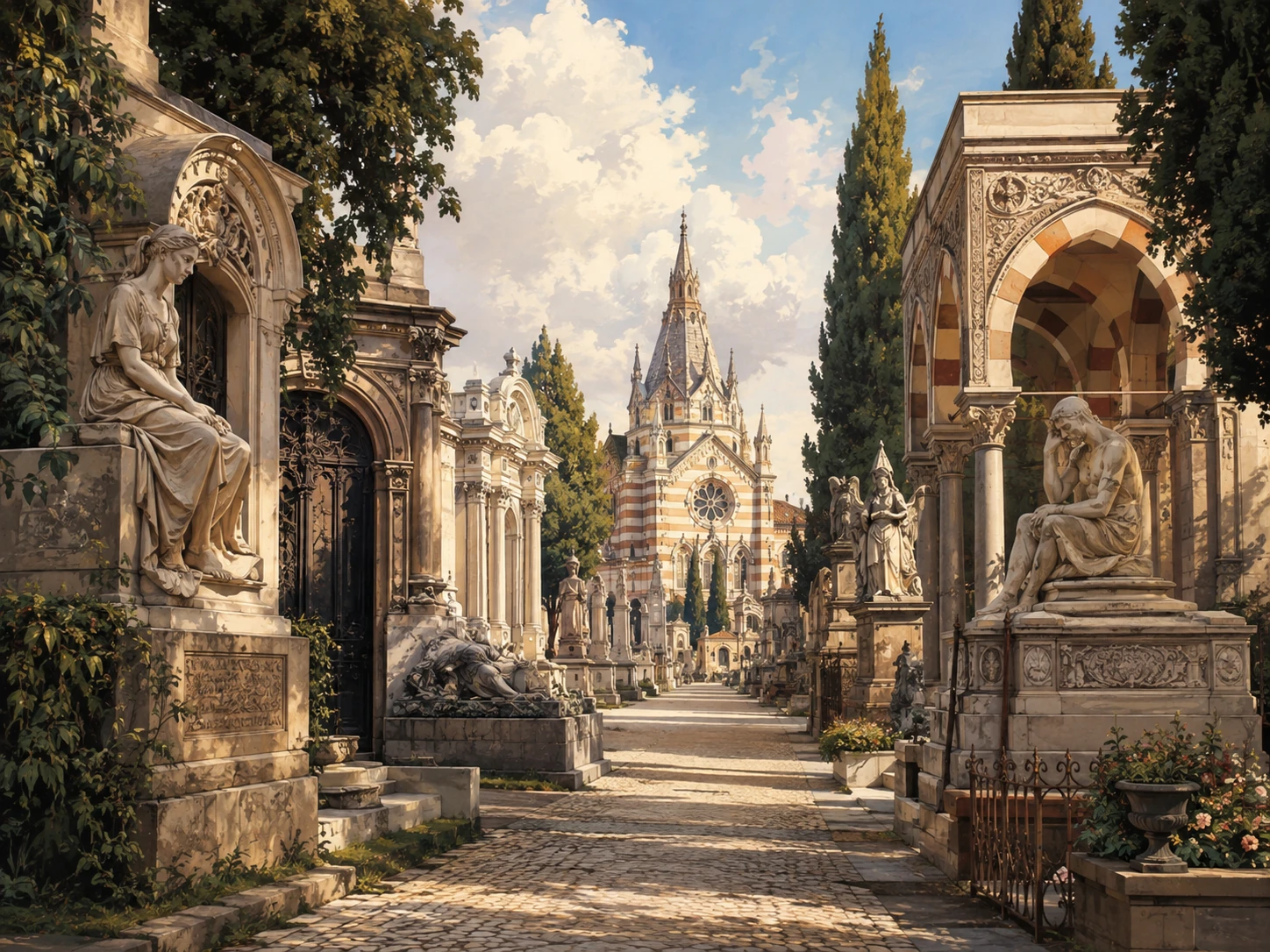 Sculptures and historic mausoleums at Cimitero Monumentale