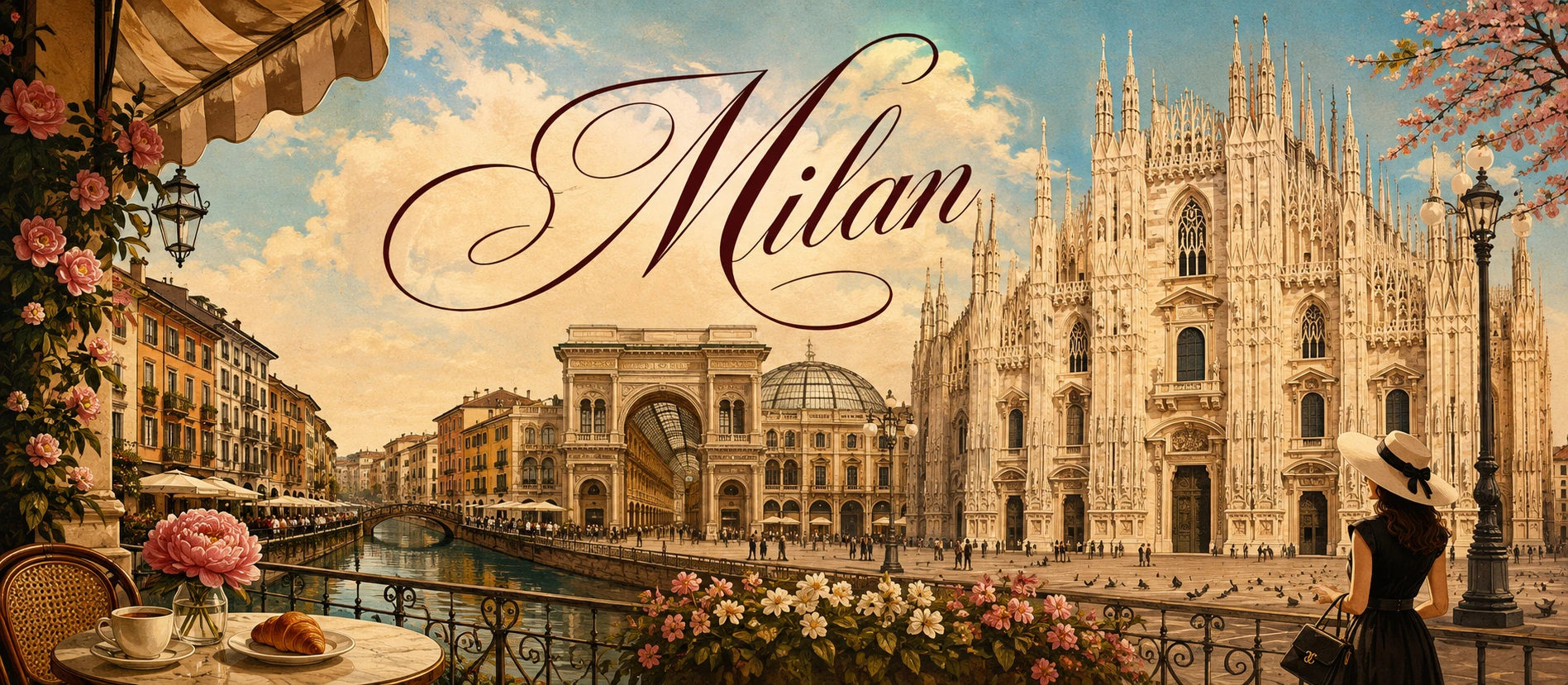 Illustration of Milan with the Duomo, elegant architecture, and stylish city life