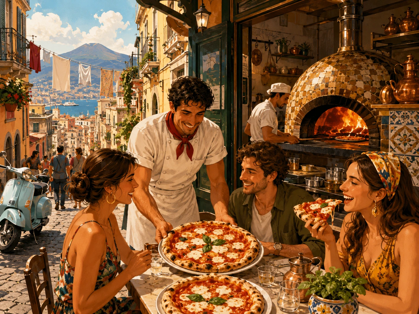 Friends enjoying Neapolitan pizza beside a traditional wood-fired oven