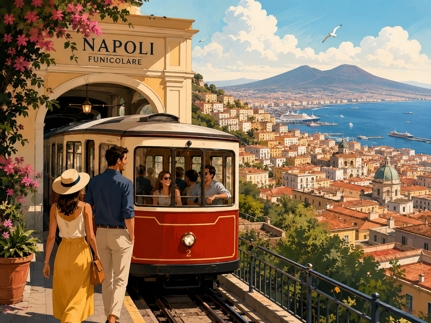 Travelers boarding a Naples funicular above the city and bay