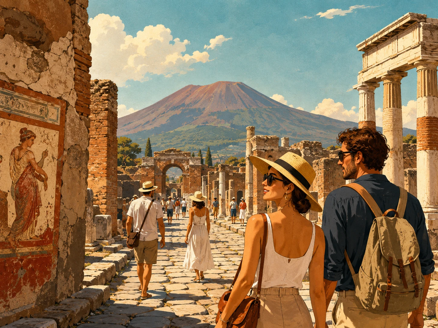 Travelers exploring the ancient streets of Pompeii beneath Mount Vesuvius