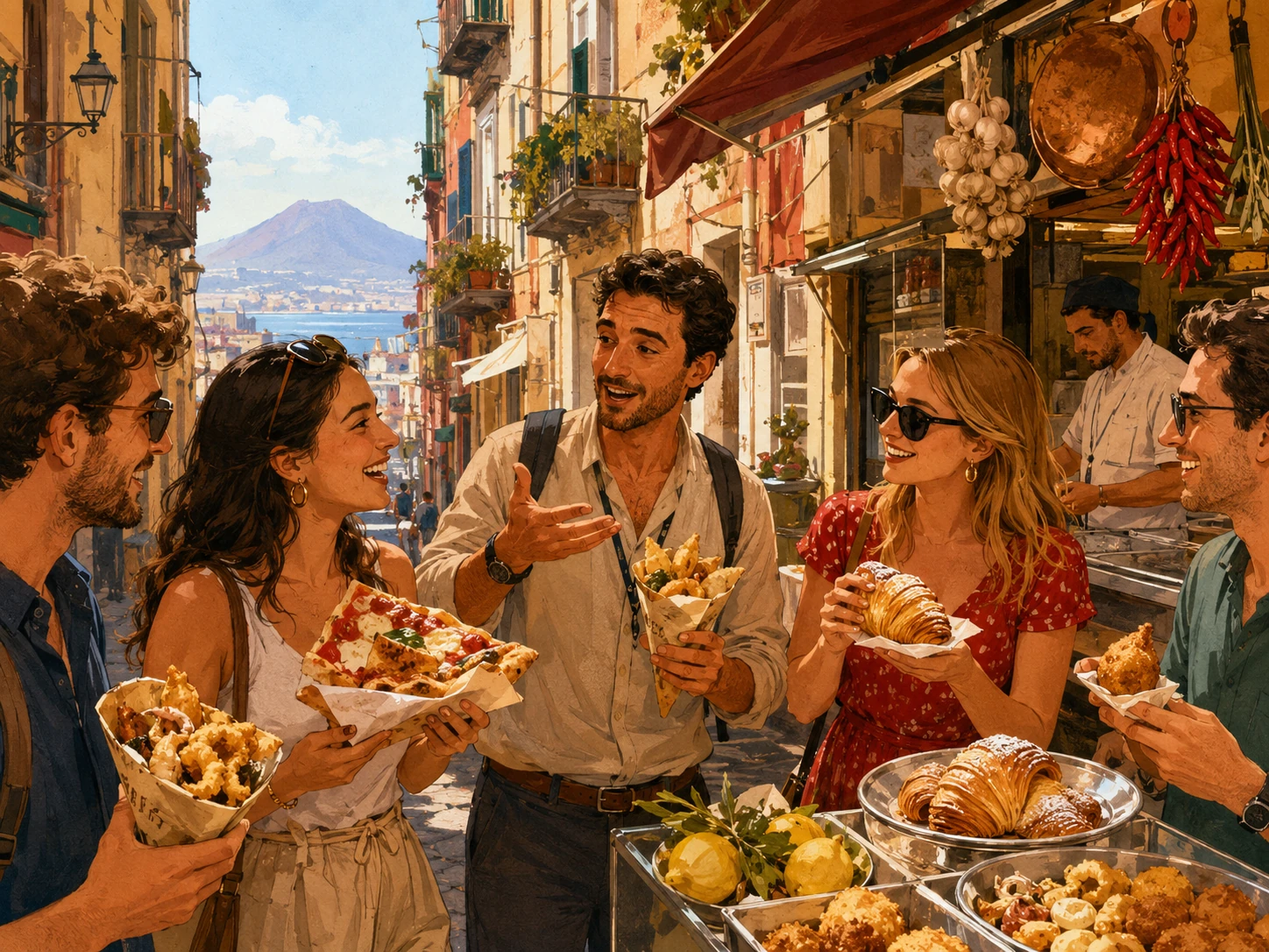 Travelers tasting pizza, pastries and fried food on a Naples street-food tour