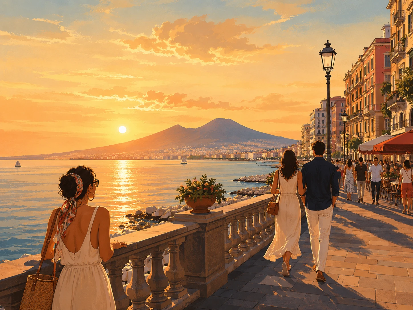 Evening walk along the Naples Lungomare at sunset with Vesuvius across the bay