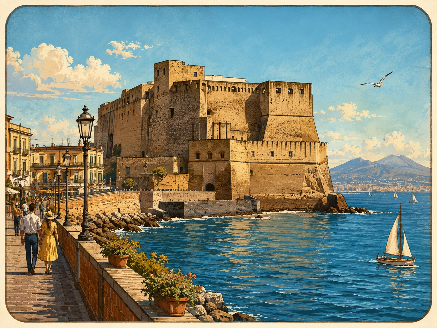 Castel dell'Ovo beside the Bay of Naples with Mount Vesuvius beyond