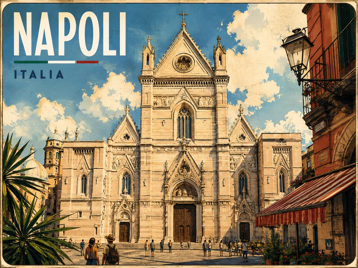 Naples Cathedral facade in warm Mediterranean sunlight