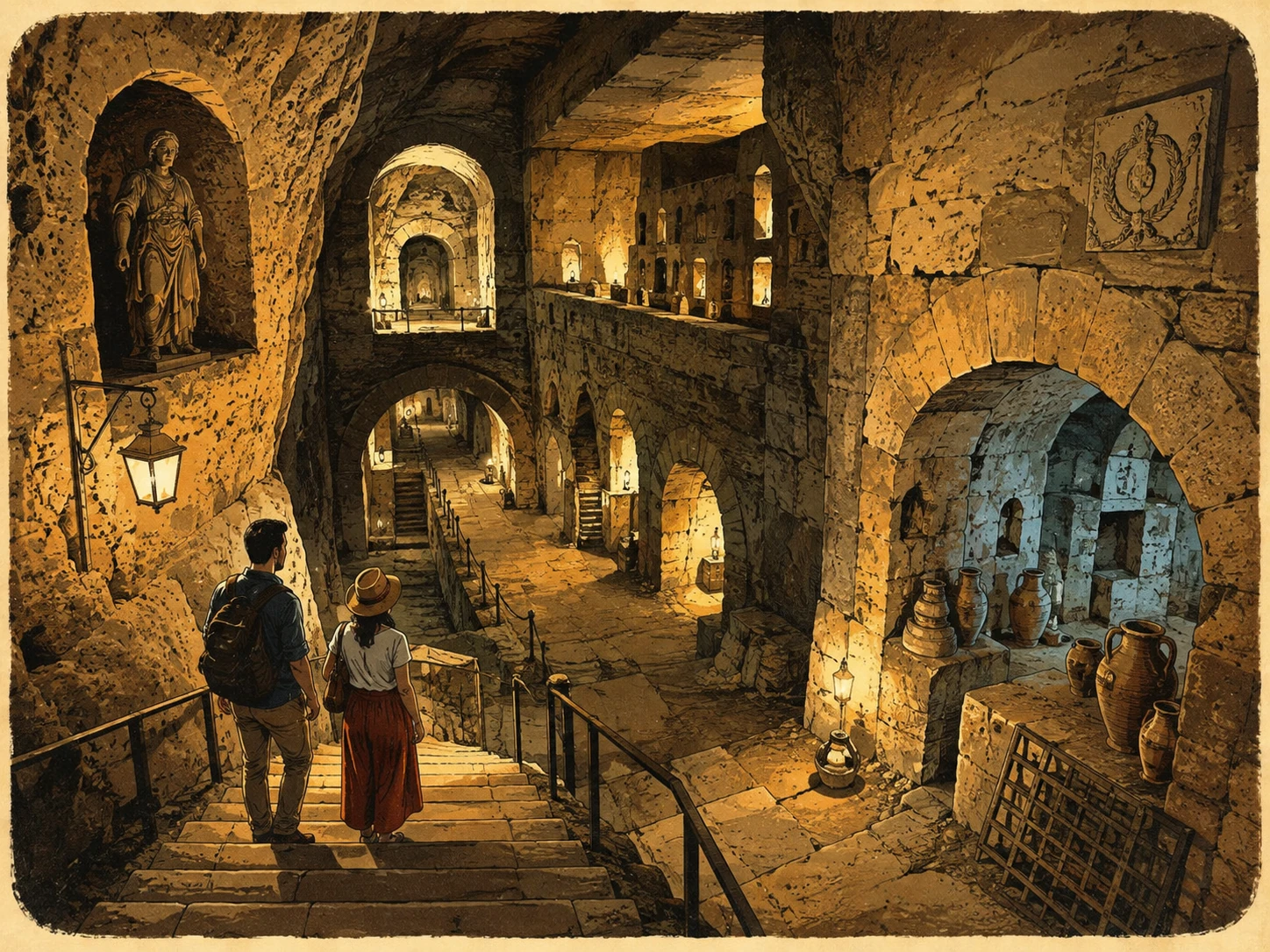 Ancient tunnels and chambers beneath Naples lit by warm lanterns