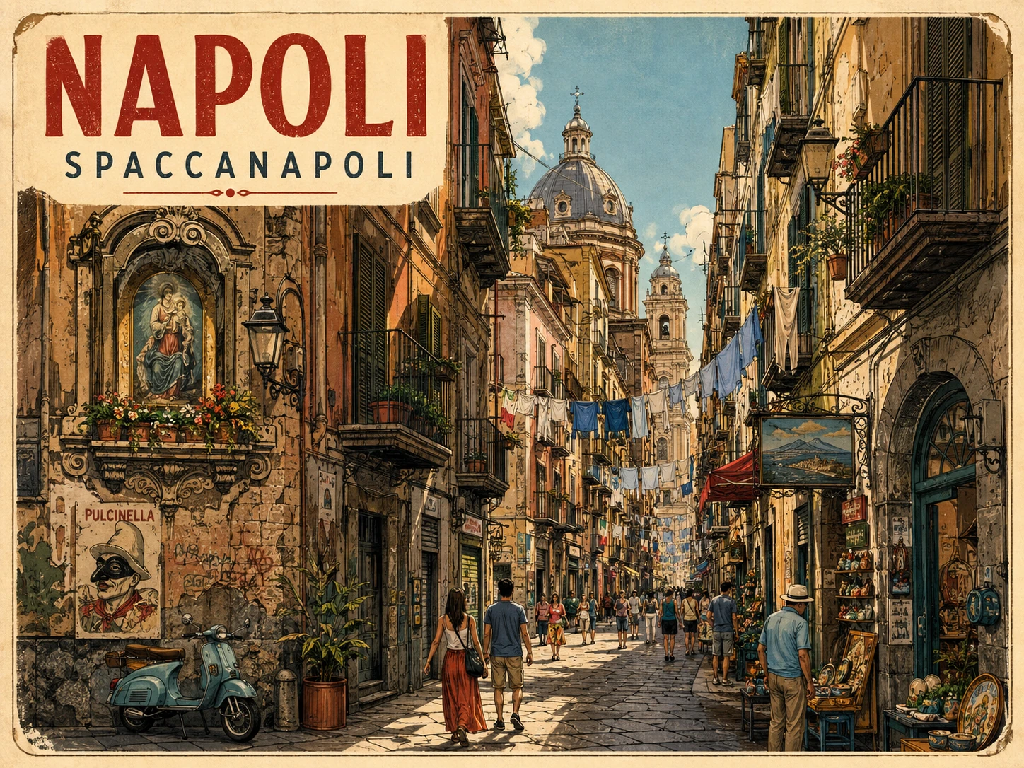 Spaccanapoli street with balconies, laundry, churches and local shops
