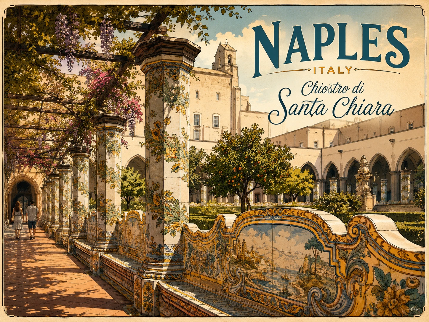 Colorful tiled walkways inside the Chiostro di Santa Chiara in Naples