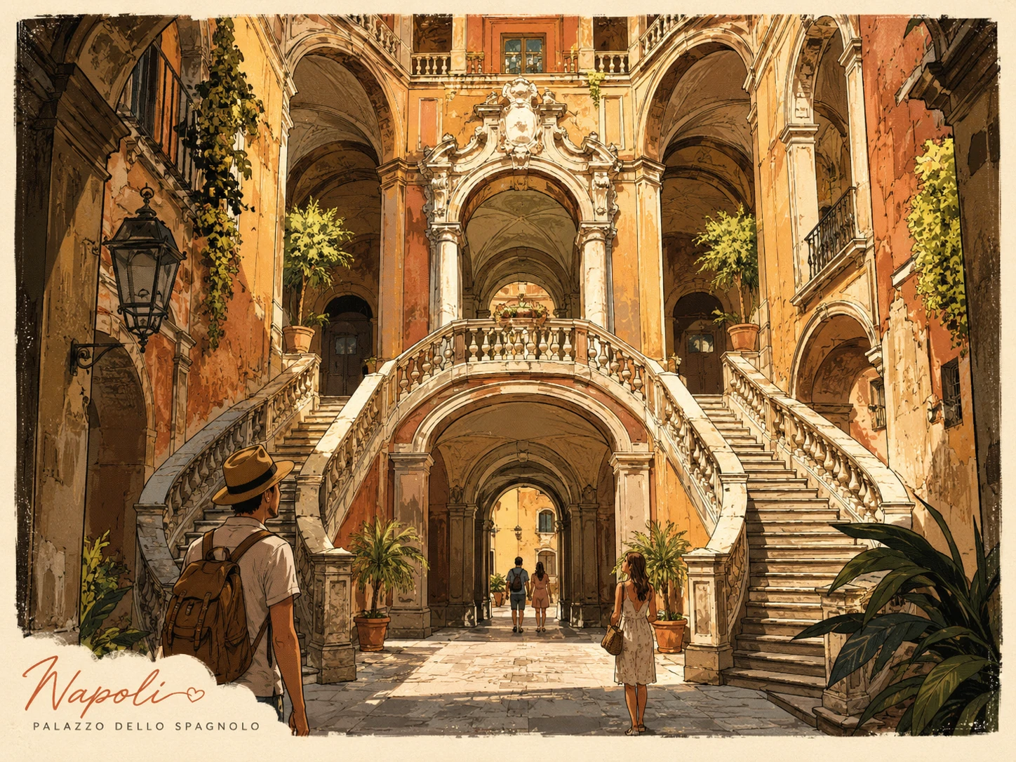 Baroque courtyard and double staircase of Palazzo dello Spagnolo in Naples