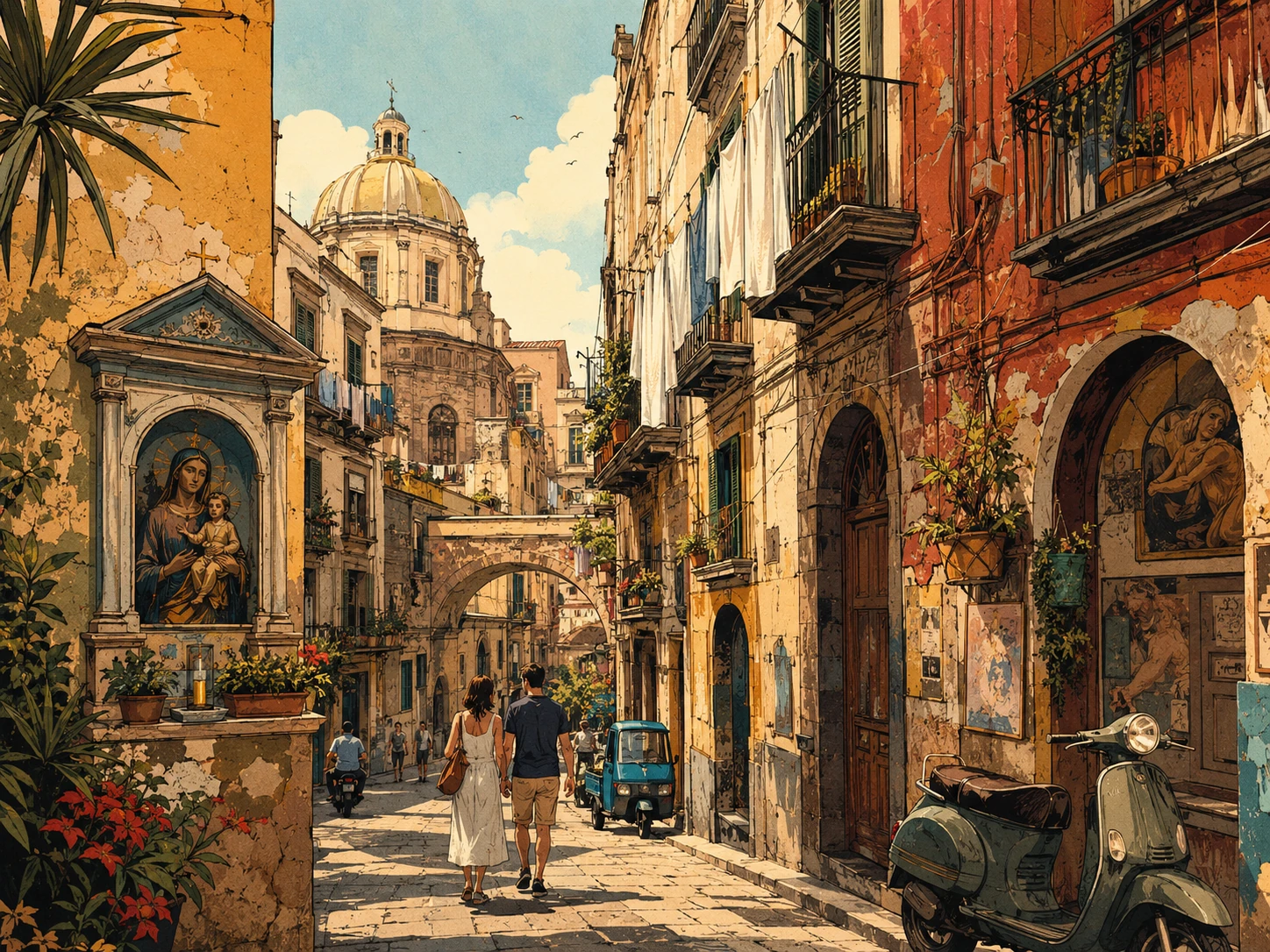 Rione Sanita street with balconies, shrines, scooters and a church dome