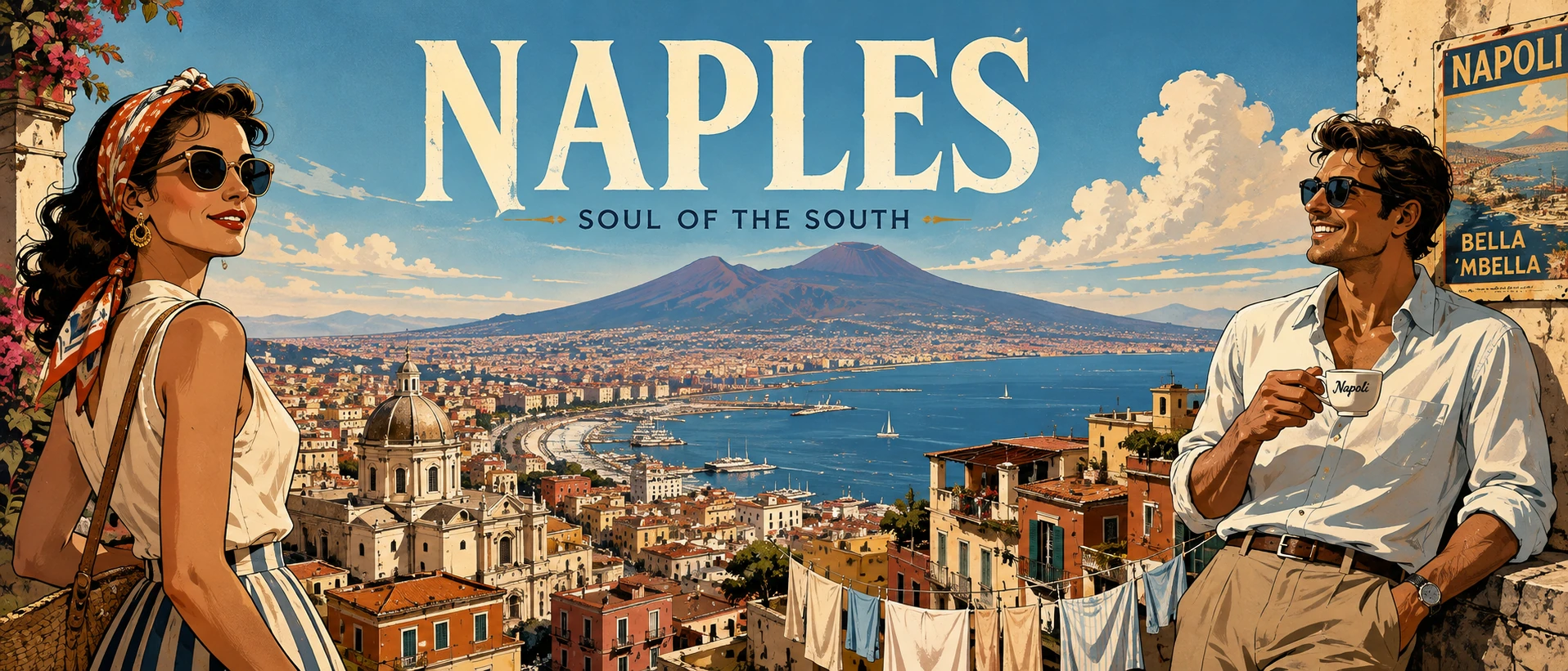 Illustrated Naples panorama with travelers, the Bay of Naples and Mount Vesuvius
