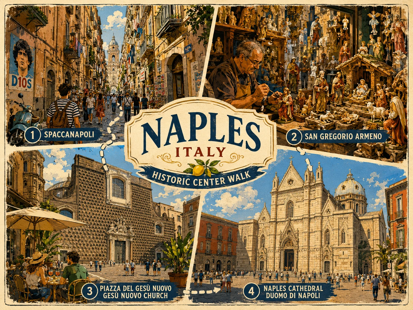 Naples historic-center route through Spaccanapoli, San Gregorio Armeno, Gesu Nuovo and the Duomo